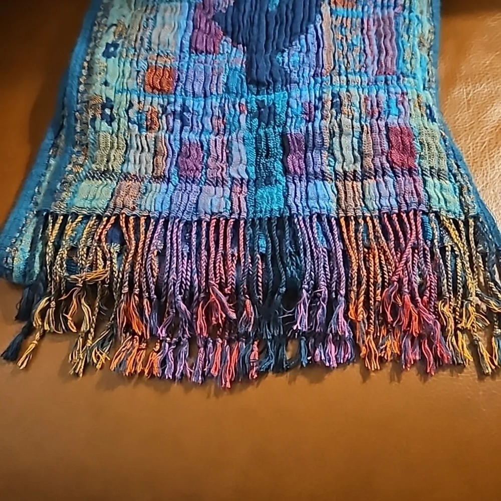 VTG Handwoven Turquoise Multi-color Rainbow Crinkle Fringe Scarf